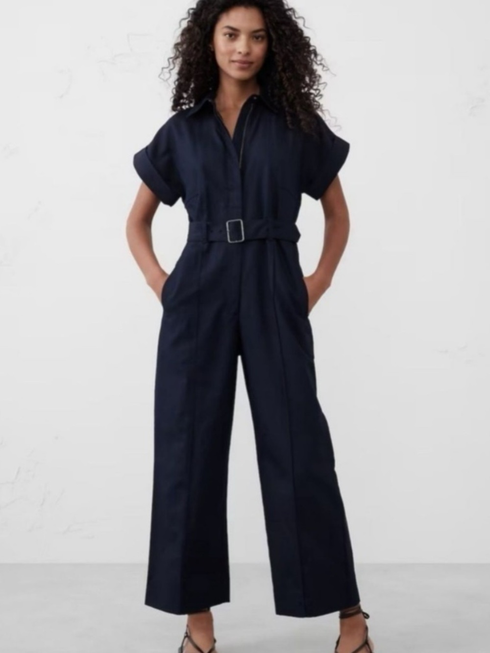Banana Republic Wide Leg Belted Linen/Canvas Navy Utility Jumpsuit